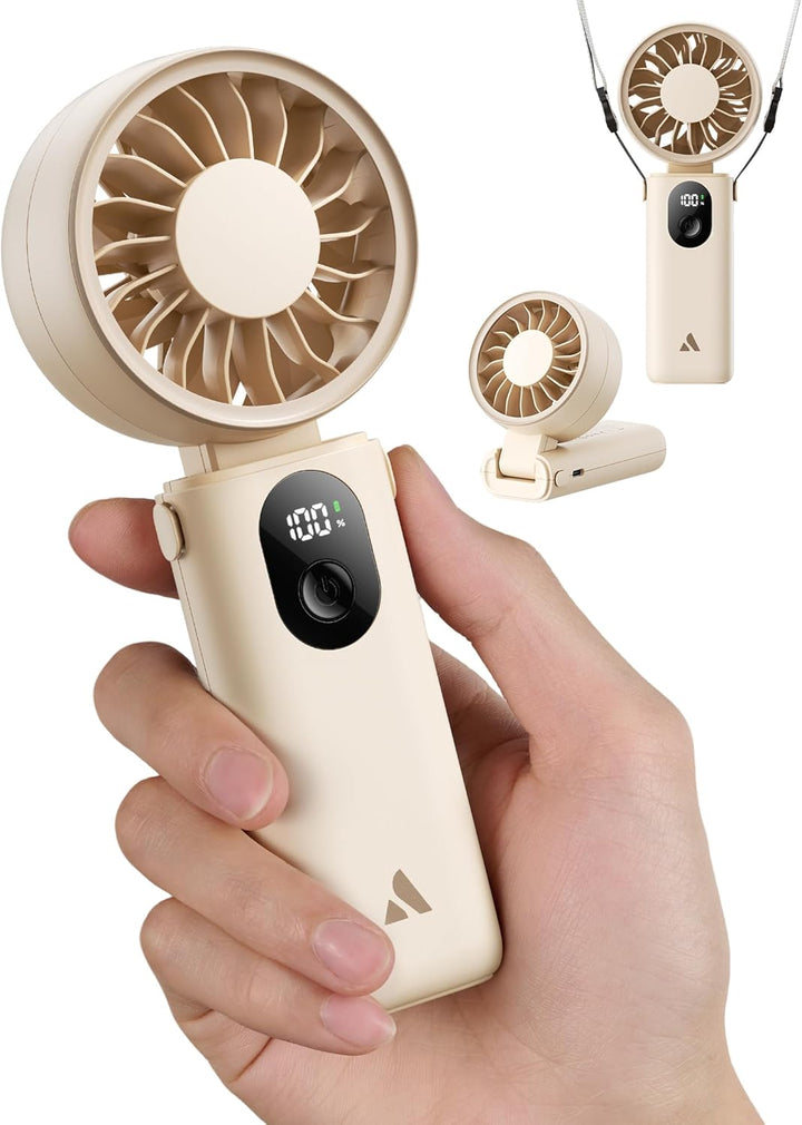 Mighty Portable Handheld Fan | 20H Max Cooling Time | 3 Flexible Modes | 5 Speeds Wind | Battery Level Display | USB Rechargeable Mini Personal Battery Powered, Gifts for Women, Travel -Beige