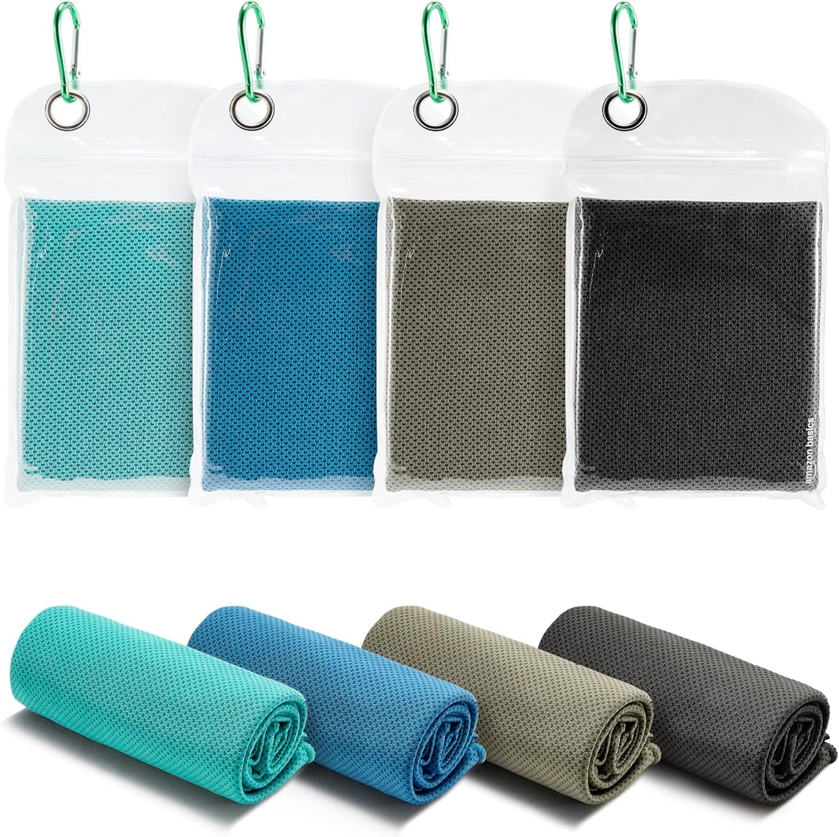 Cooling Towels for Neck and Face, Sports, Workout Recovery, 40" X 12", Black/Gray/Aqua/Navy, 4-Pack