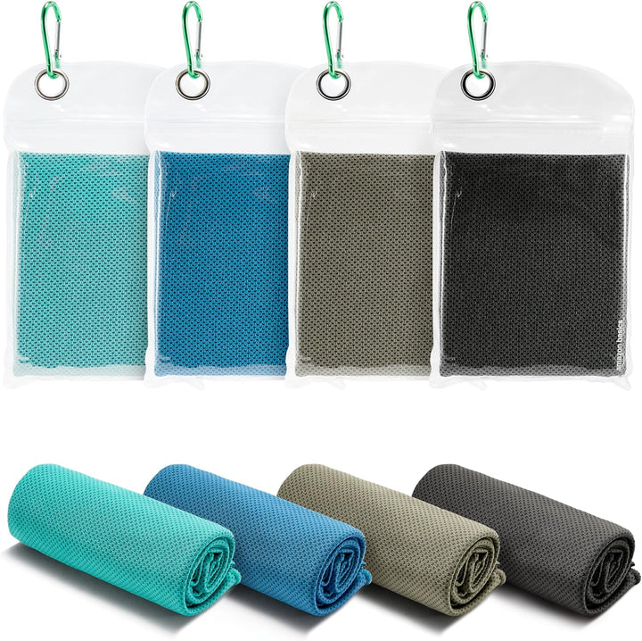 Cooling Towels for Neck and Face, Sports, Workout Recovery, 40" X 12", Black/Gray/Aqua/Navy, 4-Pack