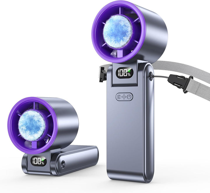 Portable Handheld Turbo Fan with Ice Cooler, 199 Speed Personal Fan,5500Mah Rechargeable,20H Cooling Time,20000 RPM Powerful Silent Motor, Summer Essential for Travel/Outdoor/Office, Grey Purple